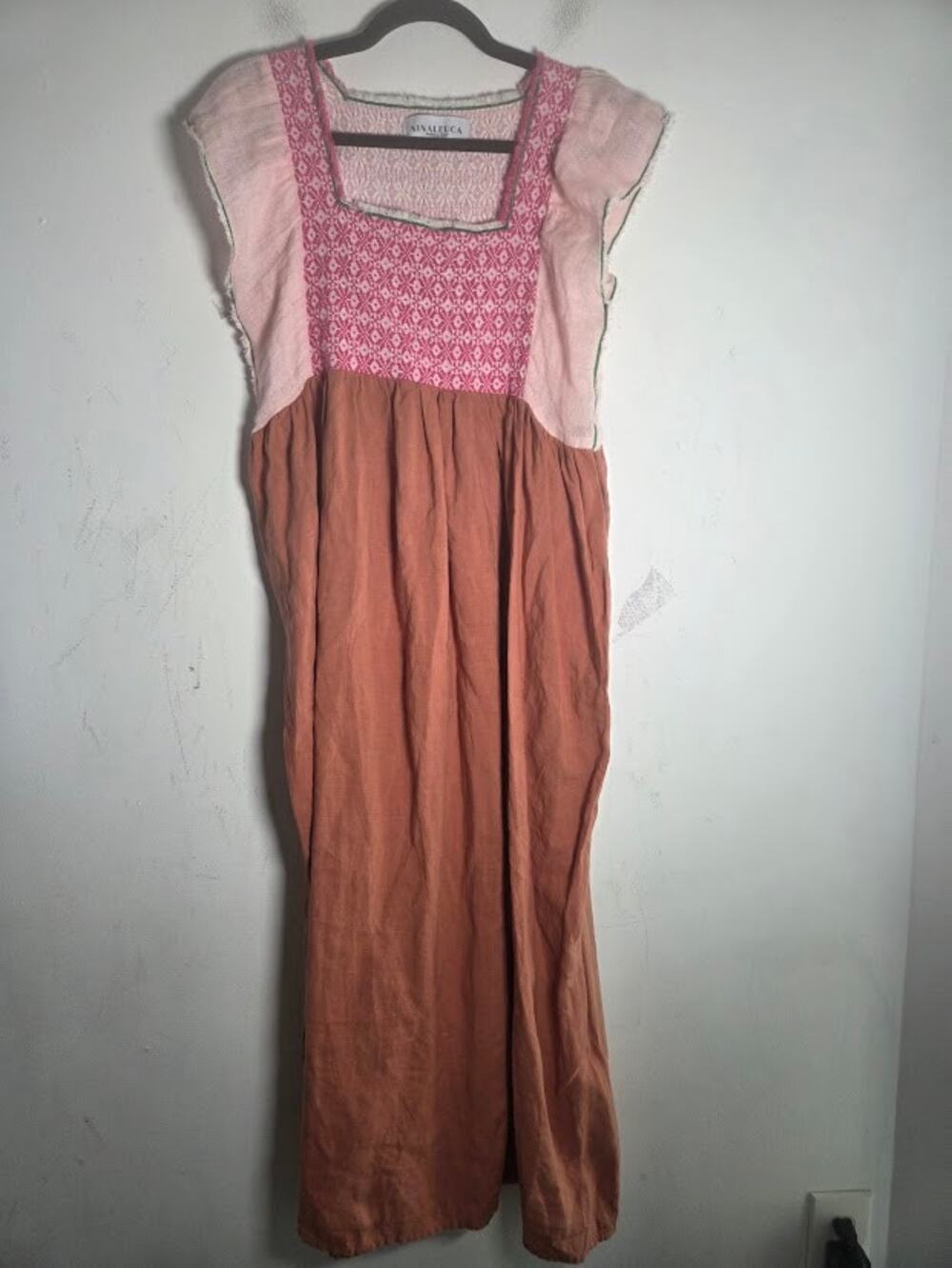 Nina Leuca Cancun Brown Pink Linen Cotton Smocked Flutter Sleeve Dress One Size